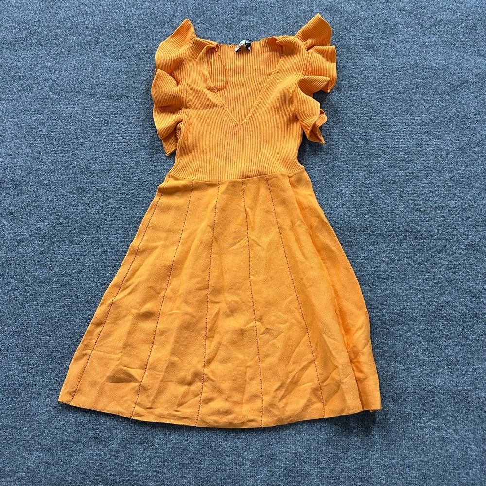 Zara Dress Womens Size M Orange Ruffle Sleeve Viscose Ribbed Knit Fit and Flare